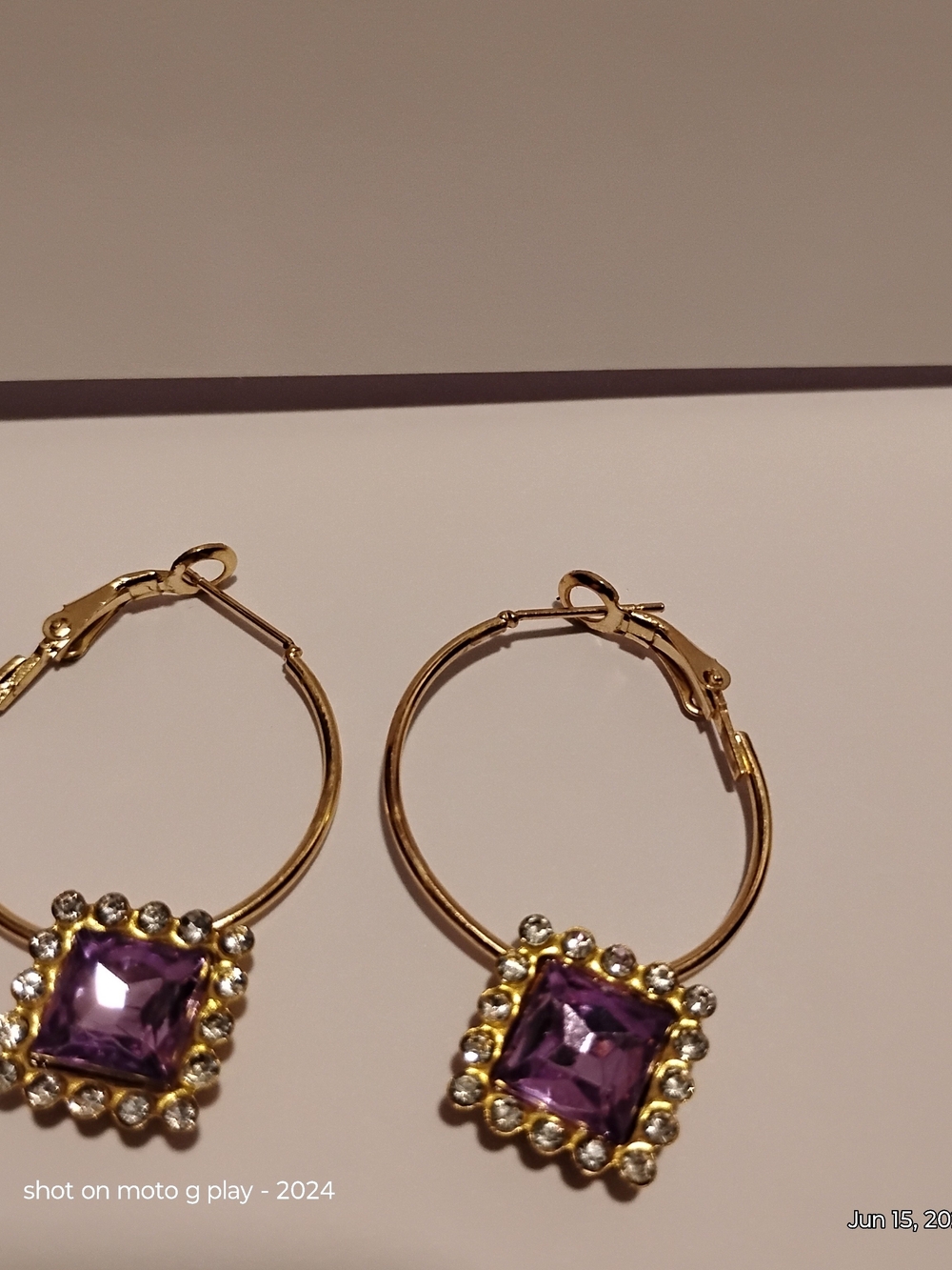 Gold Hoop Earrings with Purple Gem & Crystal Halo